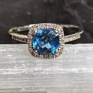 14k White Gold, Blue Topaz and Diamond Ring (Size 11)